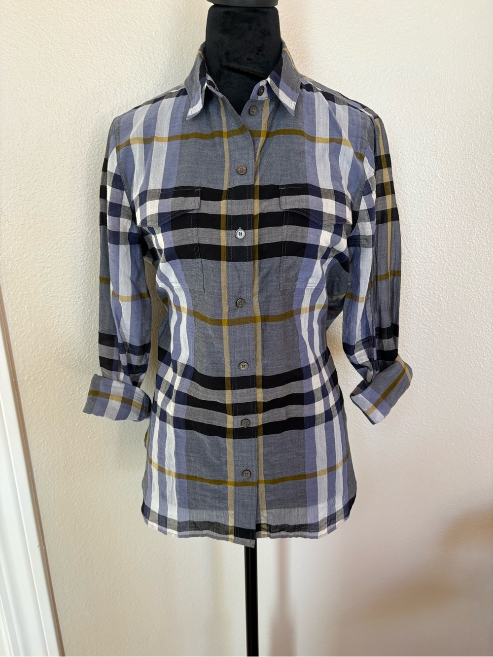 Burberry Classic Check Button-Front Plaid Shirt in Blue and Black